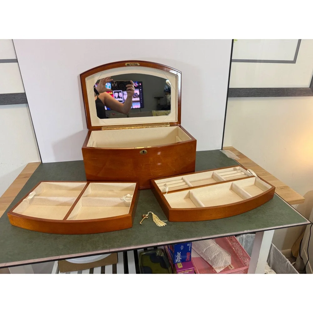 Large Wooden Jewelry Box Chest Locking Bow Front 2 Removable Trays Mirror Key